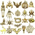 Antique gold Halloween charms set featuring skulls, bats, and pumpkins for DIY jewelry - Mixed 20pcs Antique Gold