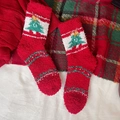 Thick red coral fleece Christmas socks with green tree pattern and festive warm texture - One Size / Red and White Striped Christmas Tree