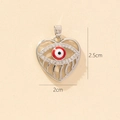 Detailed view of silver heart pendant with red evil eye and size markers 2.5cm by 2cm - D-4 Style/Red Devil Heart Eye