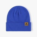 Navy blue winter beanie with a brown leather logo patch and double-layer knit design - One Size / Royal Blue
