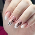 Pink and white gradient French press-on nails with black leaf hand-painted designs - Bz1819 Possesses An Elegant And Refined Temperament. / Jelly Glue + Nail File