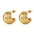Textured gold-plated C-shaped hoop earrings with a rustic lava-like molten finish - Gold (MS-126)