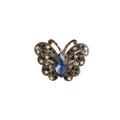 Broche de mariposa dorado vintage con cristal azul profundo y brillantes pedrería negra - Mariposa de Cristal Azul Profundo Oro Vintage