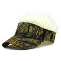 Detail of creative camouflage visor cap with white faux wig hair on a clean white background - Leaf Camo and Beige