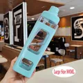 Detail of light blue 900ml square water bottle with volume scale and carry handle - Blue (900ml)