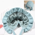 Light blue knitted baby bonnet with lace trim and soft cotton lining for ear protection - Light Blue - Lined