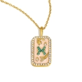 18K gold plated rectangular pendant necklace with pink enamel and green zodiac symbols - Pisces / Gold