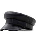 Fashionable black PU leather newsboy hat featuring a large bow and vintage metal eyelets - 56-58CM Adjustable / Black