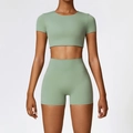 Ensemble de yoga pour femme avec haut à manches courtes et short taille haute vert - S / Haut Et Bas / Vert Basilic