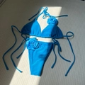 Sky blue two-piece bikini with 3D rose flower accents and side-tie triangle bottom - S / Sky Blue