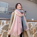 Winter knitted scarf in pink, beige and gray color block design with fringe - Triple Color Pink