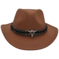 Brown Western cowboy hat with colorful ethnic band and silver bull skull ornament - Adult (57-60cm) / Khaki (Bull Head + Colorful Band)