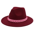 Detail of dark burgundy fedora hat with a pink acrylic thick chain decorative band - Burgundy