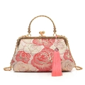 Pink peony embroidery shell clutch bag with gold ring handle and tassel chain strap - Red