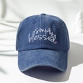 Detail of simply blessed embroidery and pink cross on washed denim baseball cap - One Size / Navy Blue