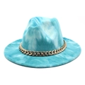 Blau-weißer Tie-Dye Woll-Fedora-Hut mit stilvoller klobiger goldener Kette - M(56-58cm) / See-Blau Tie-Dye