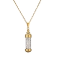 Detailed close-up of a golden perfume bottle pendant necklace with white natural stones - Gold Opal