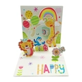 Tarjeta desplegable 3D de animales con león y elefante y colorido texto HAPPY - Paraíso del Alfabeto Animal