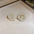 Macro view of handmade pearl flower cluster earrings with delicate gold weaving - Retro Woven Seed Bead Pearl Earrings (20#)