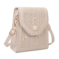 Beige straw and PU leather crossbody phone bag with embroidered daisy and gold clasp - Off White