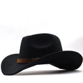 Classic black wool western cowboy hat with brown leather band and wide curved brim - M (56-58cm) / Black