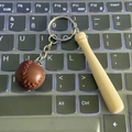 Mini baseball keychain with brown leather ball and wooden bat on metal ring - Khaki