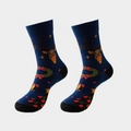 Dark blue Christmas socks featuring funny reindeer, holiday wreaths and bells - Evil 02-Navy Funny Reindeer