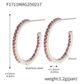 Polished stainless steel hoop earrings with inlaid pink zircon stones - Style B-15mm / Steel Pink Zircon