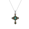 Vintage 925 silver cross necklace with turquoise stone and amber rhinestone accents - Silver Retro Turquoise Amber Rhinestone Cross Necklace (SGMN44)