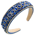 Detail of blue baroque headband featuring intricate rhinestones and pearl embellishments - Blue