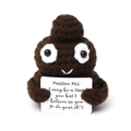 Handmade brown crochet positive poo doll holding a motivational card on white background - Positive Poo Chestnut Brown