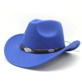 Blue felt western cowboy hat with wide brim, brown braided band and silver metal leaves - Blue