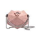Pink quilted rhombus handbag with lace pattern texture and silver chain strap - Pink