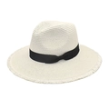 Dettaglio del cappello di paglia Panama con nastro nero e tesa con frange dal design unico - M (56-58cm) / Bianco puro