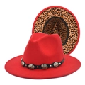 Red wool fedora with leopard lining and metal-studded belt band shown from two angles - M (56-58cm) / Red