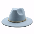 Sky blue wide brim wool fedora hat with a decorative gold chain band for men and women - 58cm One Size / Sky Blue