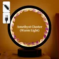 Natural amethyst cluster ring night light with warm LED glow and USB power switch - Amethyst Ivory Flower (black Frame Monochrome Warm Light) / Brown Kraft Paper Box Packaging (17*10.5*20.5cm)