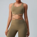 Olive green yoga set featuring high-waist leggings and cross-strap sports bra - Khaki Brown