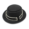 Classic black wool felt pork pie hat with white bead trim on black grosgrain ribbon - M(56-58cm) / Black