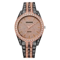 Close-up of rose gold and black quartz watch featuring iced-out rhinestone encrusted dial - Rose Gold