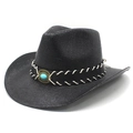 Detail van zwarte cowboy strohoed met lederen band en turquoise steen als accent - M (56-58cm) / Zwart