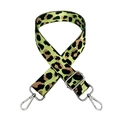 Macro detail of leopard print nylon bag strap with silver metal lobster clasps - Fluorescent Green + Silver Buckle