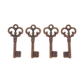Detailed view of four vintage bronze key pendants with ornate hollow handles and aged texture - Antique Red Copper