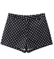 Detailed view of high-waisted black and white polka dot shorts with side pockets - Black Polka Dot Shorts