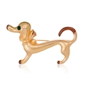 Detailed view of a golden dachshund brooch with green eye accents and brown enamel details - Al1156-a