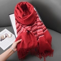 Red plaid faux cashmere scarf with tassels, soft elegant japanese style for winter - Red