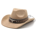 Detail of khaki suede cowboy hat featuring silver studs and longhorn bull metal buckle - M (56-58cm) / Camel Faux Suede