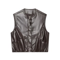 Women's moto style dark brown faux leather vest with round neck and zipper closure - XS / Coffee