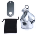 Silver retro skull bell pendant with velvet pouch and oval metal charm tag - Female Torso Bell With Pouch And Tag / Steel