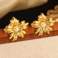 Elegant gold flower stud earrings with central pearl inlay and vintage metallic finish - Gold Vintage Flower Pearl Stud Earrings